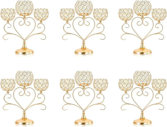 6 Pcs Gold 3-Arm Heart Tea Light Candle Holder - Crystal & Metal Wedding Centerpiece Decor, Sparkling Table Decor for Anniversaries/Romantic Tabletop Home/Dinner Party/Events