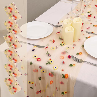 6PCS Champagne Floral Table Runner 10 FT, Embroidery Daisy Table Runners Seasonal Sheer Tulle Table Runner for Thanksgiving Wedding Birthday Baby Shower Party ﻿