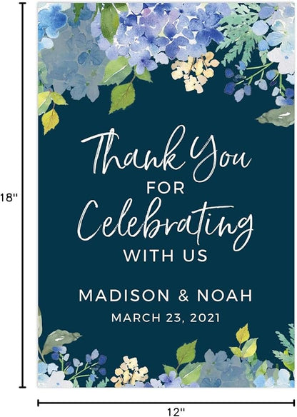 Andaz Press Personalized Extra Large Wedding Easel Board Party Sign, 12x18-inch, Baby Blue Hydrangea Floral Flowers on Navy, Thank You for Celebrating With Us Bride Groom Name Date, 1-Pack, Custom