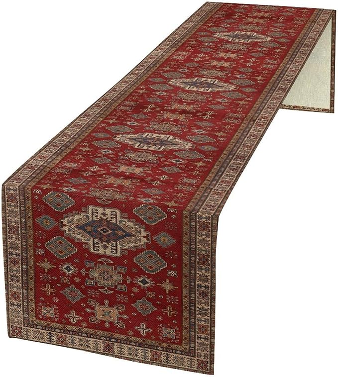 Boho Floral Vintage Table Runner, Retro Red Brown Flower Rustic Country Farmhouse Abstract Pattern for Home Kitchen Table Decor Dining Coffee Room Party Decor 13x36in