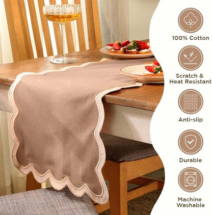 Folkulture Table Runners | Fall Table Runner 90 inches Long | Scallop Table Runner for Fall Decor or Boho Decor | Brown Table Runners for Dining Room | Thanksgiving Decorations for Home