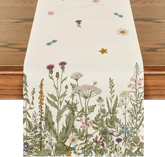 Artoid Mode Antique Herbs and Wild Flowers Summer Table Runner, Spring Fall Kitchen Dining Table Decoration for Home Party 13x36 Inch
