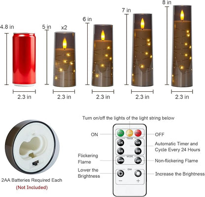 Raycare Flameless Candle with Remote Timer – 5 Flickering Acrylic Battery Operated LED Pillar Candles with Embedded Star String for Halloween, Fall Decor, Harvest Festival Gifts(Grey)