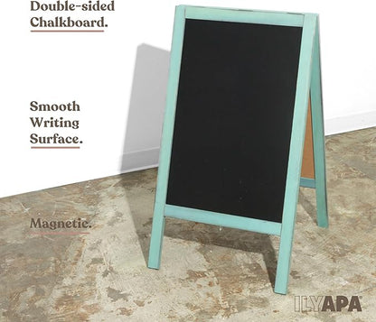 Ilyapa Wooden A-Frame Sign with Eraser & Chalk - 40 x 20 in Magnetic Sidewalk Chalkboard – Turquoise Menu Display for Restaurant, Business Or Wedding
