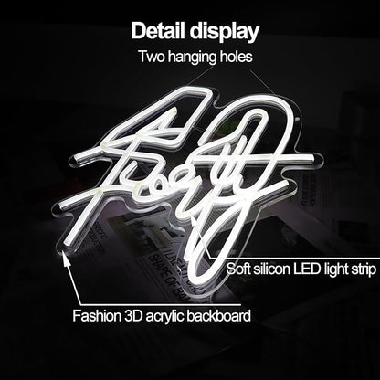 White Forty Neon Sign 40 Year Old Birthday Neon Sign Birthday Gift For 40 Year Old Woman Led Night Light For Wedding Engagement Banquet Anniversary Party Decor Gift For Girl Wife Lover(USB Sign)
