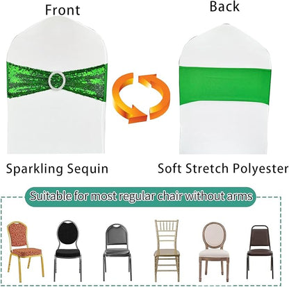 10 Pcs Chair Sashes Sequin Stretch Chair Bands Spandex Polyester Bows for Party Hotel Wedding Banquets Decoration - Green