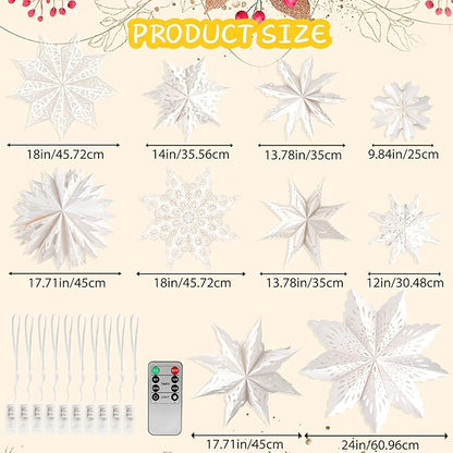 10 Pcs Christmas Paper Snowflake Lanterns, Large Christmas Paper Star Lanterns with LED Lights White Hanging Snowflake Lamp Ornaments for Xmas Winter Frozen Weddings Birthday Holiday Party Decorations