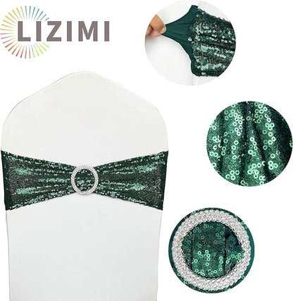 100 Pcs Chair Sashes Sequin Stretch Chair Bands Dark Green Spandex Polyester Bows for Party Hotel Wedding Banquets Decoration - Hunter Emerald Green