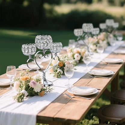 6 Pcs Silver 3-Arm Heart Tea Light Candle Holder - Crystal & Metal Wedding Centerpiece Decor, Sparkling Table Decor for Anniversaries/Romantic Tabletop Home/Dinner Party/Events