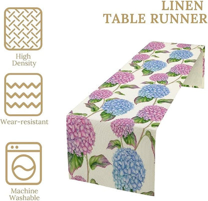 Spring Hydrangea Flower Table Runner, Seasonal Summer Plants Watercolor Pink Purple Florals Dinner Runner for Home Kitchen Dining Table Party Holiday Decoration 13"x36"