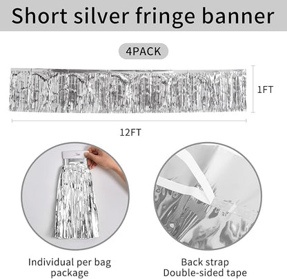 Silver Birthday Decorations Tinsel Garland Parade Float Decorations for Trailer 4Pack 12FT Disco Party Decor Ceiling Fringe Banner Backdrop for Christmas Streamers Party Decorations