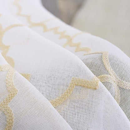 Sheer Curtains Gold 95 Inches Long, Rod Pocket Drapes for Living room, Bedroom, Embroidered Moroccan Tile Lattice Design Semi Crinkle Voile Curtain Panels for Patio, Villa, Parlor, Set of 2, 52"x95".