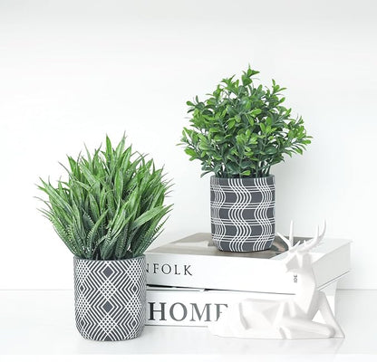 2 Pack Small Fake Plants, Fake Grass Plant, Artificial Boxwood with Geometric Pattern Cement Pots, Small Potted Faux Greenery for Home Decor, Bathroom, Shelf, Office, Farmhouse Decoration