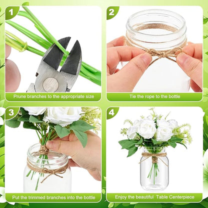 6 Set Centerpiece Table Decorations Mason Jar Table Centerpiece with Flower Mason Jar Wedding Centerpieces Vases Decor for Reception Engagement Party Bridal Shower (White Rose)