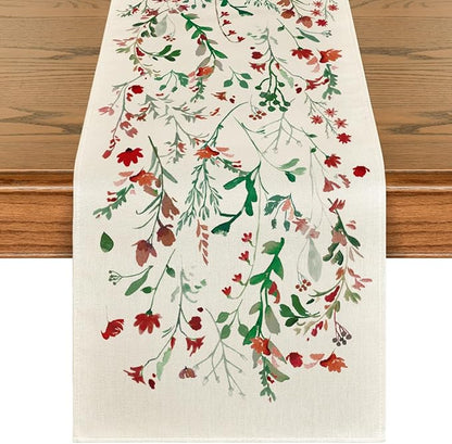 Artoid Mode Floral Leaves Christmas Table Runner, Wild Flowers and Grasses Winter Kitchen Dining Table Decoration for Home Party Decor 13x36 Inch