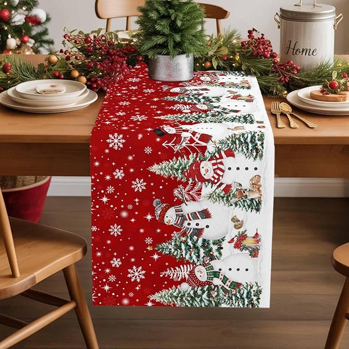 Christmas Snowman Cotton Linen Table Runner for Dining Kitchen, Xmas Tree White Snowflakes Winter Wedding Outdoor Party Tablerunners Decoration, Dresser Scarf Coffee Tablecloth Runners 13x108 Inches