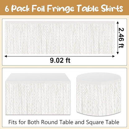 6 Pack 29 x108 Inch Macaron White Wave Foil Fringe Table Skirts Metallic Banner for Tinsel Streamer Garland Backdrop for Parade Floats, Mother's Day, Easter, Wedding, Birthday Party Decoration