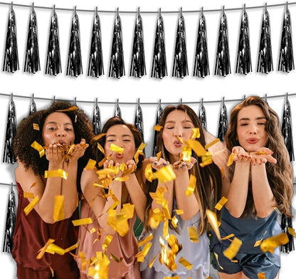 3P Metallic Fringe Tassel Banner Garland Foil Tinsel Streamer Wall Hanging Curtain Backdrop Banners for Parade Floats, 2024 Graduation Decorations, Father’s Day Party Decoration(Black)