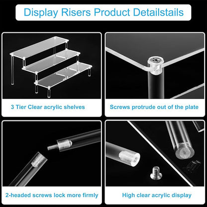 2PCS Large Acrylic Display Risers, Perfume Stand Organizer, Clear Acrylic Shelf Risers for Display Stands for Food, Tabletop Use, Amiibo Funko POP Figure, 3 Tier Clear Cupcake Stand Risers