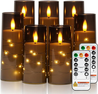 Raycare Flameless Candle with Remote Timer, 7 Flickering Acrylic Battery Operated LED Pillar Candles with Embedded Star String for Halloween, Home Decor, and as a Gift(Grey)