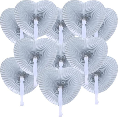 12 Packs Decorative Paper Folding Hand Fans Handheld,Silver Heart Foldable Wedding Fans Chinese and Japanese Fans Bulk for Bridal Guest Church Party Favors Dancing Birthday DIY
