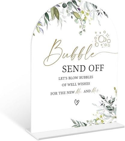 Greenery Bubble Send Off Sign, 6 x 8 Inch White Arch Acrylic Wedding Sign with Holder, Wedding Sign for Ceremony and Reception, Wedding Decoration, Wedding Supplies - LY14