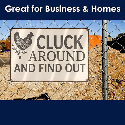 Funny Chicken Tin Sign - "Cluck Around and Find Out" Farmhouse Wall Decor for Kitchen, Coop, Garden - 8x12 inch Rustic Metal Gift