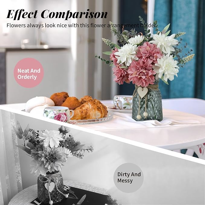 Fake Flowers in Vase,8 Dahlias,Silk Artificial Flowers in Vase,Faux Flowers in Vase with a Flower Arrangement Holder,Centerpiece Table Decorations