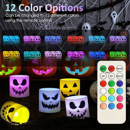 Halloween Flameless Candles - 3 Pack Colored Battery Operated Pumpkin Ghost Face Candles,LED Muti Color Grimace Night Light,Scary Halloween Decor,Fall Table Centerpieces, Spooky Home, Day of The Dead