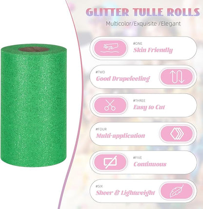 Glitter Tulle Rolls 6" by 50 Yards - Sparkle Fabric Ribbon With Sequins for DIY Tutu Skirt, Wedding, Birthday Party Decoration (Green)