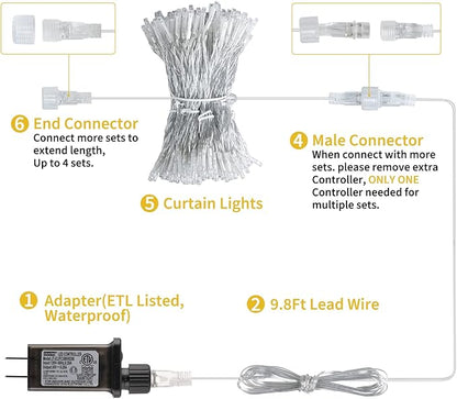 Brightown 300 LED Curtain Lights for Bedroom 9.8 FT Hanging Window Lights with Remote, Connectable, 8 Modes, Waterproof Fairy Lights for Outdoor Indoor Valentine's Day Christmas Holiday Party, Pink