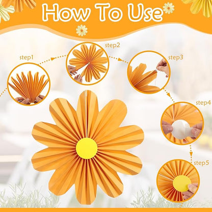 SUNBEAUTY 9 PCS Orange Paper Flowers Decorations for Wall Paper Fans Daisy Decoration Paper Floral Backdrop Decor Paper Fans Decoration