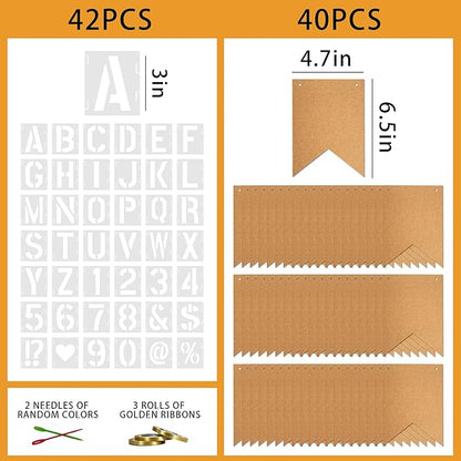 40 PCS DIY Custom Banner Set with Letter Stencils Ribbon, Customizable Party Sign Kit Blank Banner for Events Decoration Brown