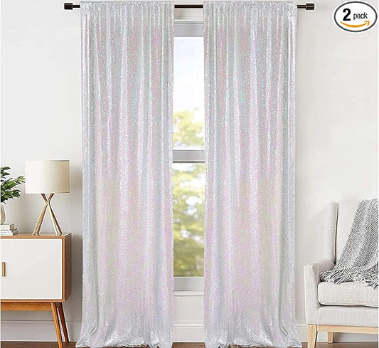 JYFLZQ White Iridescent Sequin Backdrop Curtains 4ft x 8ft 2 Panel Glitter Photo Booth Backdrops Sparkly Photography Background Drapes for Parties Wedding Bridal Showers