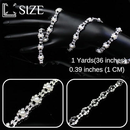 1 Yard Pearl Rhinestone Trim Chain Silver String Crystal Applique Fringe Ribbon Strips Beads Sewing Dress DIY Party Wedding Bouquet for Decoration Bridal Costume Embellishment