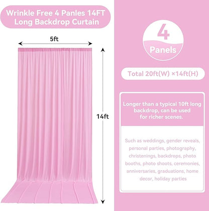 20ftx14FT Wrinkle Free Pink Backdrop Curtain, 4 Panels 14FT Height Pink Wedding Backdrop Drapes, Silky Polyester Back Drop Cloth for Birthday Photography Background Party Backdrop Draping