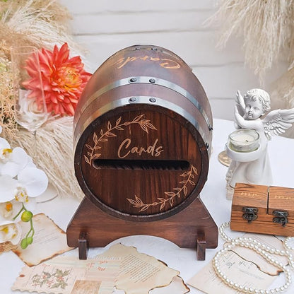 OurWarm Wooden Card Box for Wedding, Vintage Gift Card Box with Base, Whiskey Barrel Wedding Card Boxes for Reception Party Graduation Bridal Baby Shower Birthday Decoration