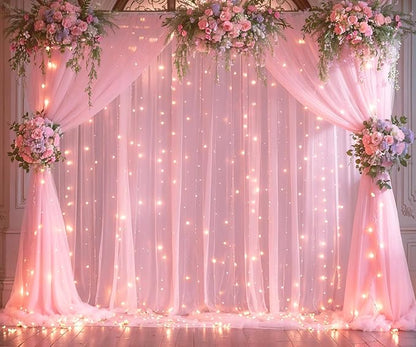 Pink Backdrop Curtains with Lights String for Baby Shower Girl Parties Sheer Tulle Backdrop Curtain Panels for Birthday Party Bridal Shower Photo Shoot Background Decorations 10×10ft (2 Panels 5×10ft)