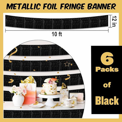 6 Pack 10 Ft Black Foil Fringe Garland Metallic Streamers Tinsel Banner Wall Hanging Garland Backdrop for Parade Floats, Halloween, Christmas, Thanksgiving, New Year Party Decorations