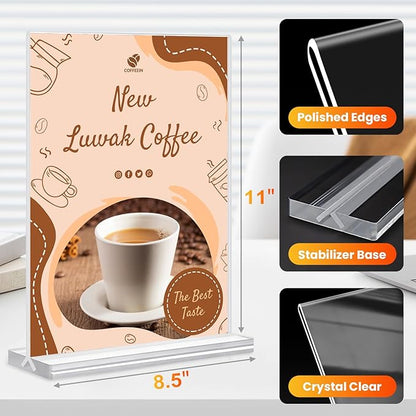 Acrylic Sign Holder 8.5x11, 10 Pack Clear Table Plastic Vertical Clear Double Sided Flyer Display, Picture Menu Stand Paper Holder Photo Sign Holder Suitable for Restaurants Office Store Show Fair