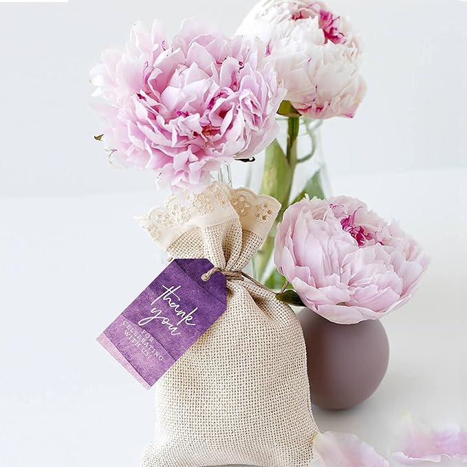 Andaz Press 100-Pack Thank You for Celebrating with Us Favor Tags Purple Watercolor Cardstock Gift Tags with Bakers Twine for Wedding Baby Shower Bridal Shower Birthday Party Favors 2 x 3.75-Inches