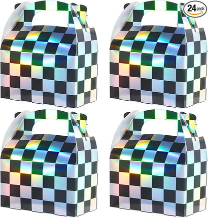 24 Pcs Iridescent Checkered Race Car Party Favor Gable Boxes, Paper Black and Iridescent Car Goodie Treat Boxes, Racecar Laser Plaid Gift Box for Kids Fast Race Cars Birthday Party Decorations