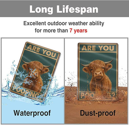 Funny Highland Cow Bathroom Sign - "Are You Pooping?" Vintage Western Tin Wall Decor for Restroom, Toilet or Farmhouse - 8" x 12" Metal Sign