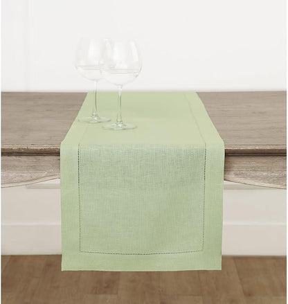Solino Home Linen Table Runner 60 Inches - 100% Pure Linen Sage Green Hemstitch Table Runner 14 x 60 Inch Ideal for Dresser and Coffee Tables - Fall, Thanksgiving, Christmas - Classic Hemstitch