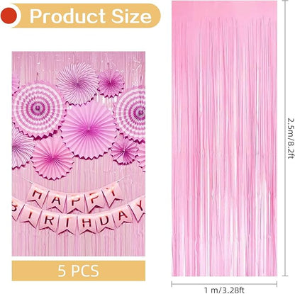 5 Pack Pink Foil Curtain Backdrop 3.2ft x 8.2ft Tinsel Foil Fringe Curtains Macaron Photo Booth Streamer Backdrop for Party Decorations Birthday Baby Shower Bachelorette Holiday Decor (Pastel Pink)