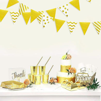 39Ft White and Gold Party Decorations Polka Dot Stripe Triangle Pennant Banner Glitter Foil Paper Flag Bunting Garland for Birthday Graduation Anniversary Wedding Bridal Baby Shower Hen Party Supplies
