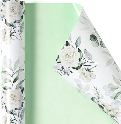 RUSPEPA Reversible Floral Wrapping Paper for Women Girls, Mini Roll, Elegant Flower Greenery and Sage Green Gift Wrap Paper for Wedding, Birthday, Bridal Shower, Mother's Day, 17 Inches x 16.4 Feet
