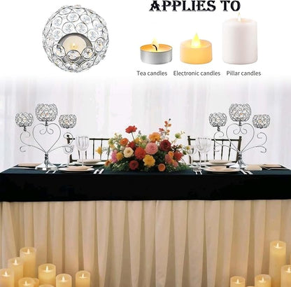 2 Pcs 3-Arm Heart Tea Light Candle Holder - Crystal & Metal Wedding Centerpiece Decor, Sparkling Table Decor for Anniversaries/Romantic Tabletop Home/Dinner Party/Events (2, Silver)