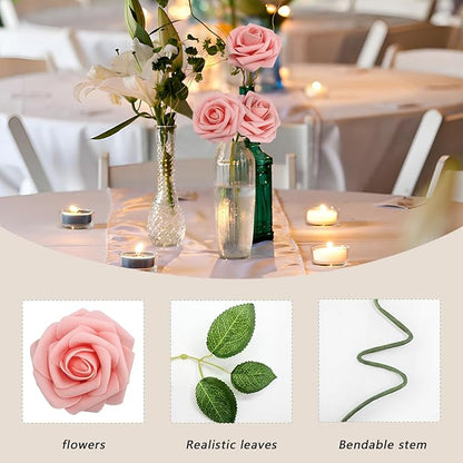 200PCS Artificial Flowers Pink Roses Real Looking Foam Fake Roses with Leaves for DIY Wedding Bouquets Bridal Shower Party Decorations (Pink, 200)