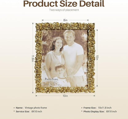 Cuspin 8x10 Picture Frame Vintage, Gold Ornate Rose Flower Resin Photo Frame with Glass Front for Tabletop, Antique Picture Frames for Home Decor